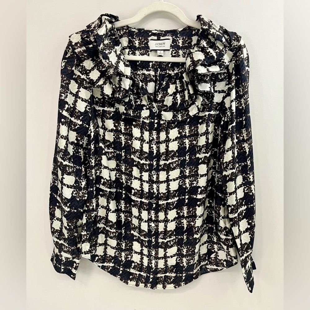 J. Crew Collection 100% Silk Twill Ruffle-Collar Long Sleeve Top Size S